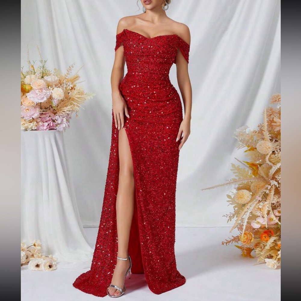 Luxe off shoulder slit thigh party formal sequins dress